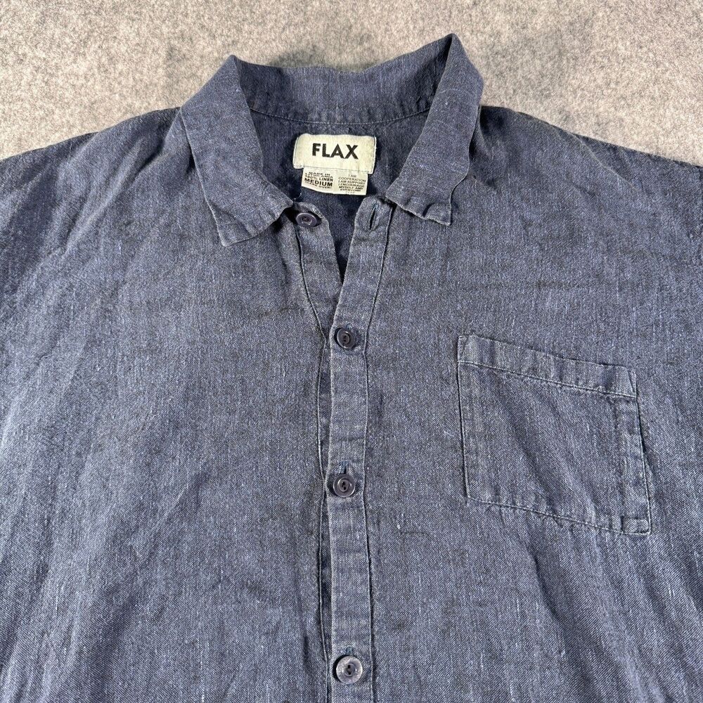 Flax Shirt Mens Medium Blue Linen Relaxed Short Sleeve Button Up Casual